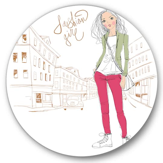 Designart - Trendy Fashion Girl II - Children's Art Metal Circle Wall Art